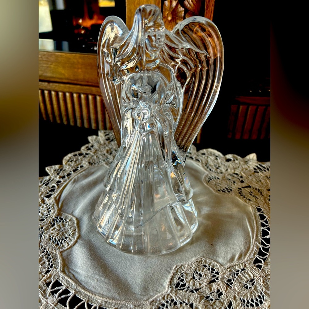 Vintage Crystal Clear Glass Angel Candle Holder Figurine 7” Tall